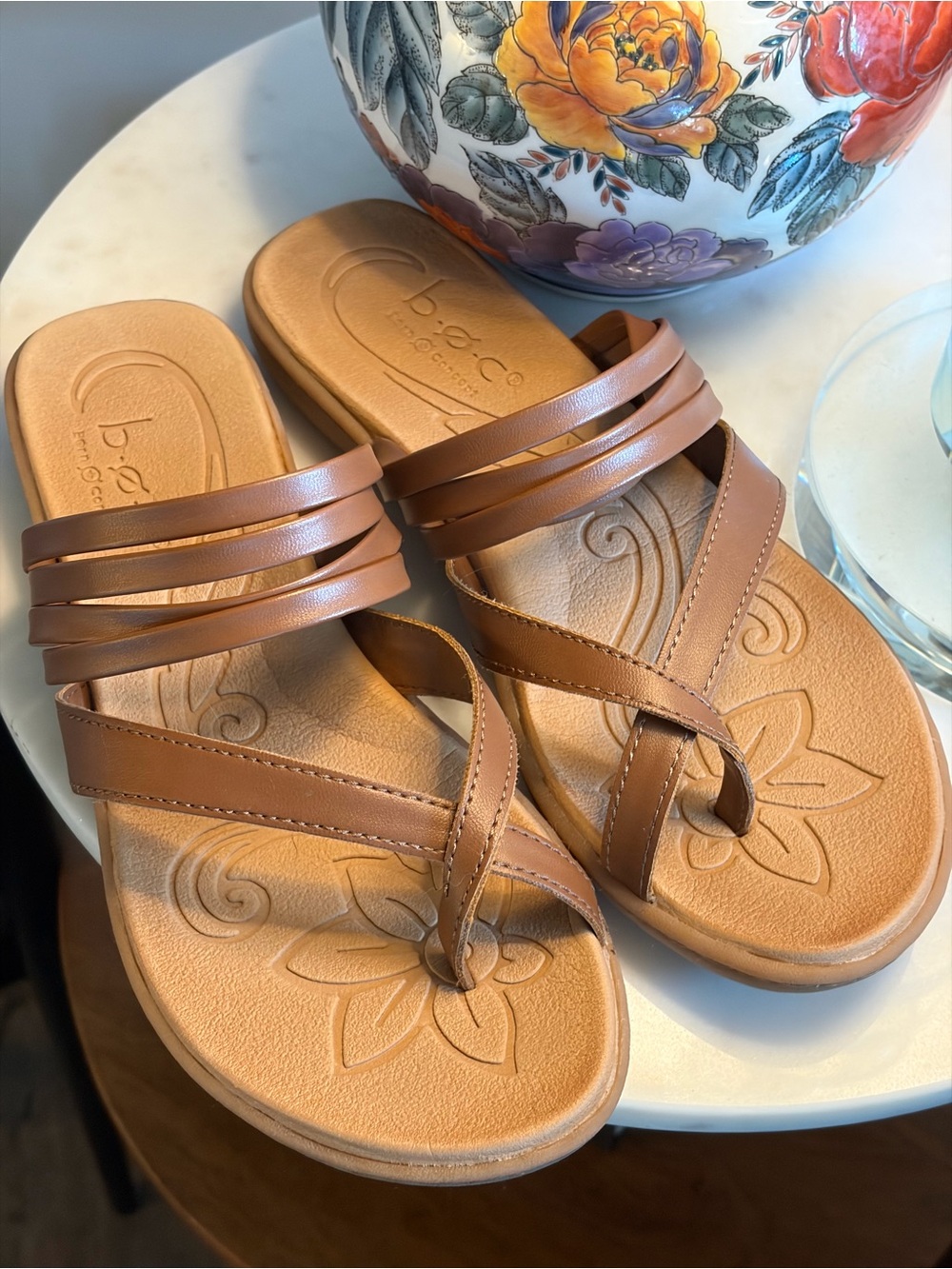 b.o.c. Tan Strappy Toe-Loop Sandals - lightly worn